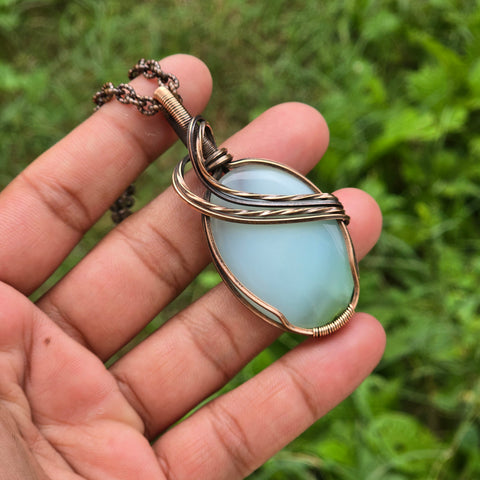 Chrysoprase  Gemstone Handmade Copper Wire Wrap Chain Pendant 2.55