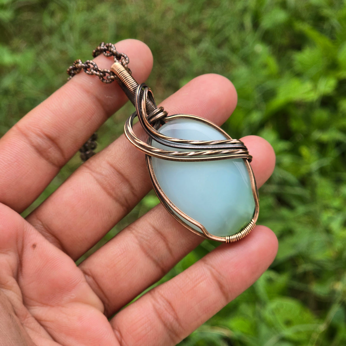 Chrysoprase  Gemstone Handmade Copper Wire Wrap Chain Pendant 2.55" Sunkarton