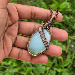 Chrysoprase  Gemstone Handmade Copper Wire Wrap Chain Pendant 2.55" Sunkarton