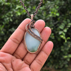 Chrysoprase  Gemstone Handmade Copper Wire Wrap Chain Pendant 2.55" Sunkarton