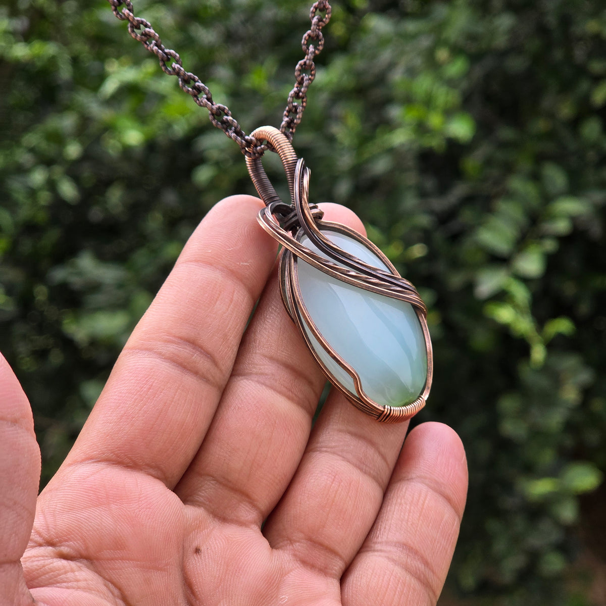 Chrysoprase  Gemstone Handmade Copper Wire Wrap Chain Pendant 2.55" Sunkarton