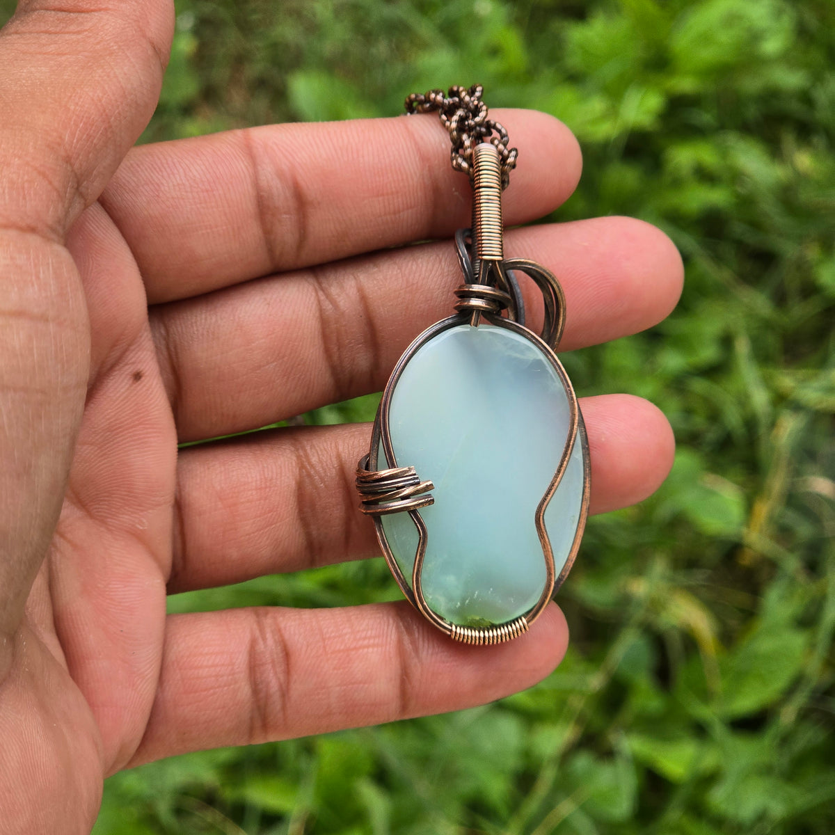 Chrysoprase  Gemstone Handmade Copper Wire Wrap Chain Pendant 2.55" Sunkarton