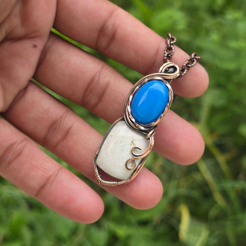 Dendrite Opal Gemstone Handmade Copper Wire Wrap Chain Pendant 2.16
