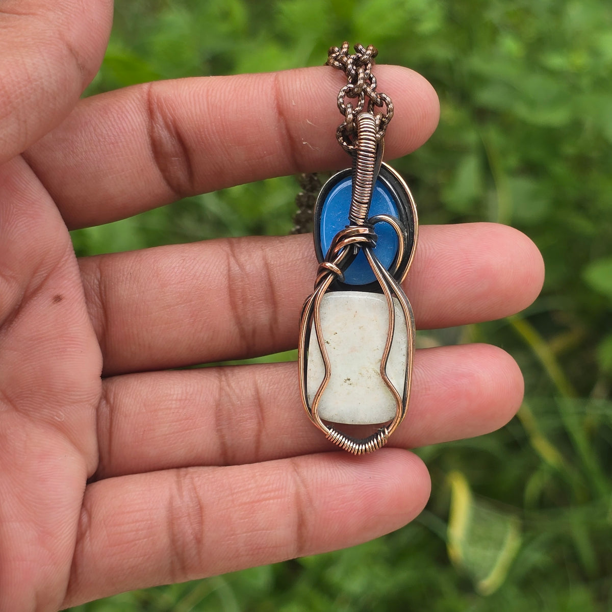 Dendrite Opal Gemstone Handmade Copper Wire Wrap Chain Pendant 2.16" Sunkarton