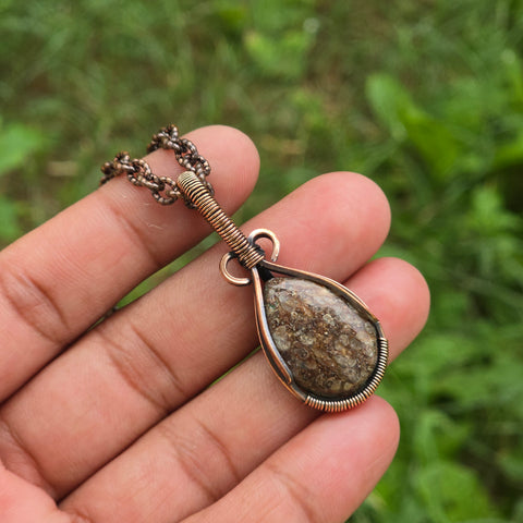 Dinosaur Bone Fossil Gemstone Handmade Copper Wire Wrap Chain Pendant 1.77