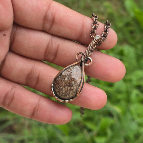 Dinosaur Bone Fossil Gemstone Handmade Copper Wire Wrap Chain Pendant 1.77