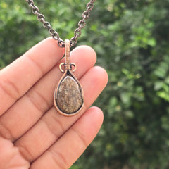 Dinosaur Bone Fossil Gemstone Handmade Copper Wire Wrap Chain Pendant 1.77" Sunkarton