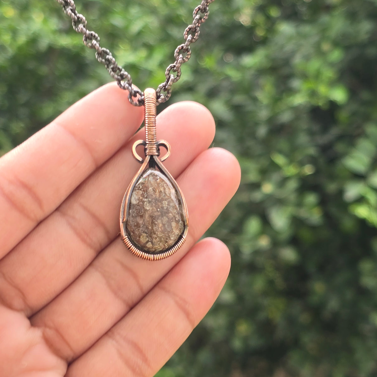 Dinosaur Bone Fossil Gemstone Handmade Copper Wire Wrap Chain Pendant 1.77" Sunkarton