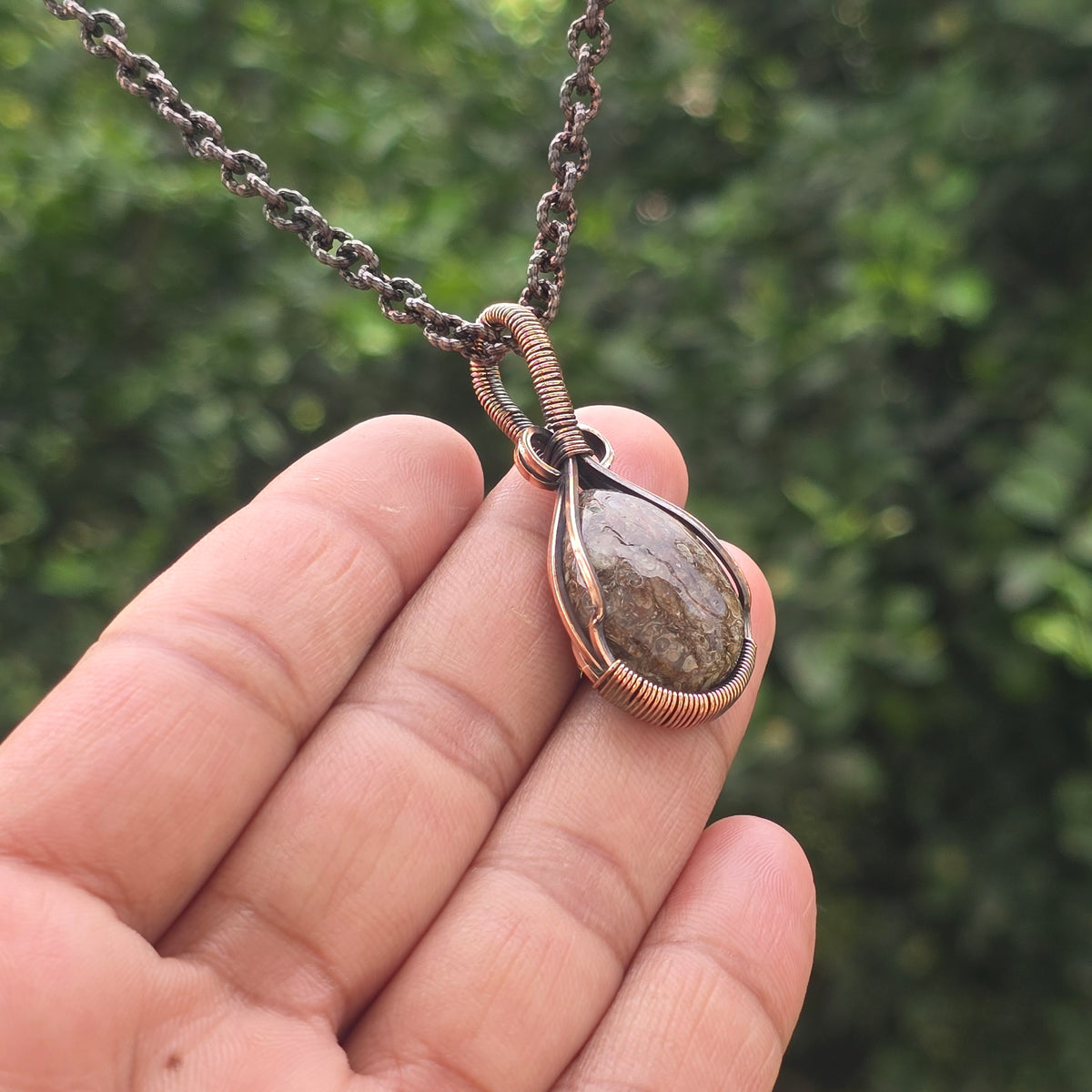 Dinosaur Bone Fossil Gemstone Handmade Copper Wire Wrap Chain Pendant 1.77" Sunkarton