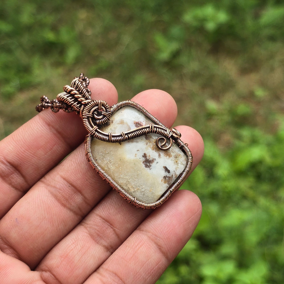 Thunder agate Gemstone Handmade Copper Wire Wrap Chain Pendant 1.96" Sunkarton