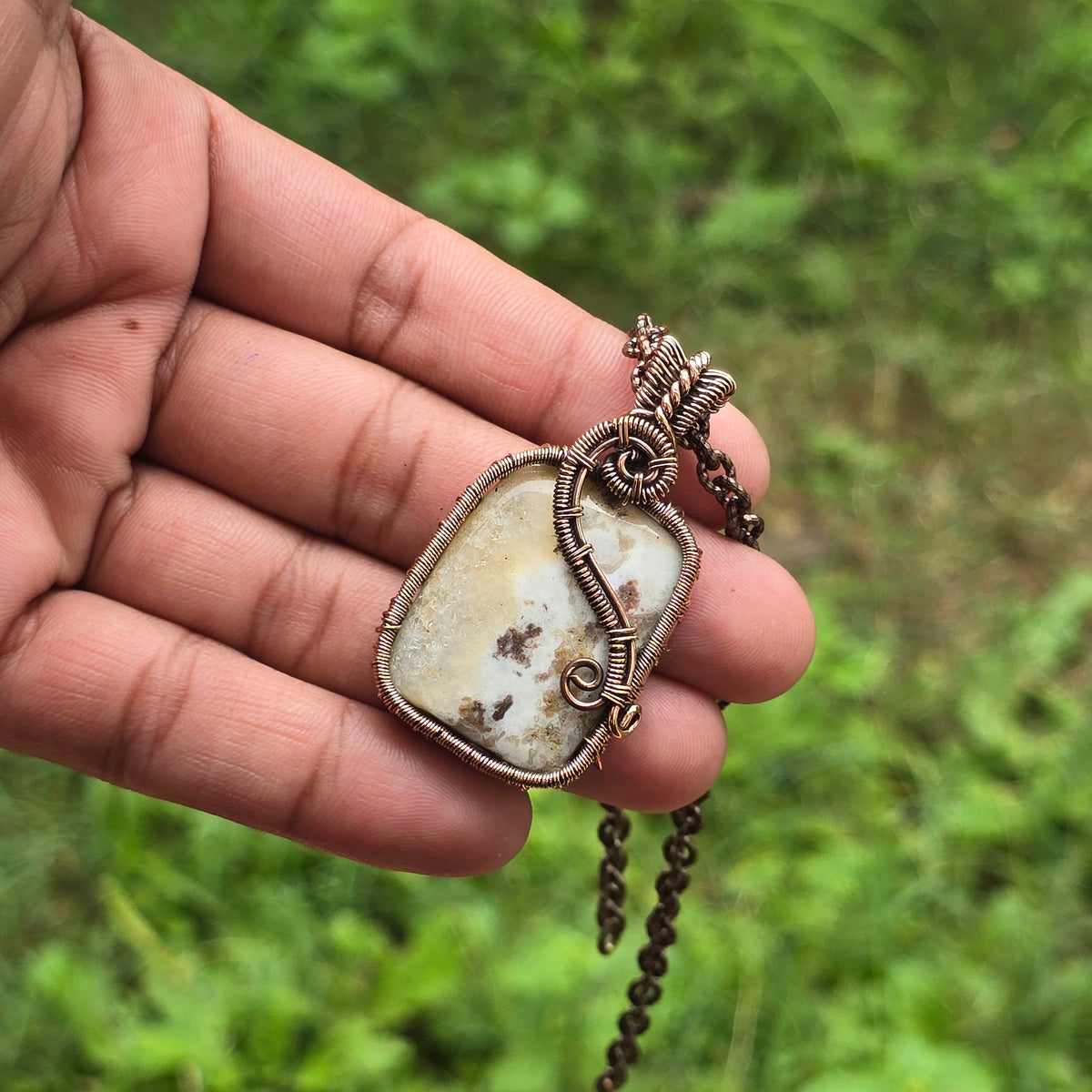 Thunder agate Gemstone Handmade Copper Wire Wrap Chain Pendant 1.96" Sunkarton