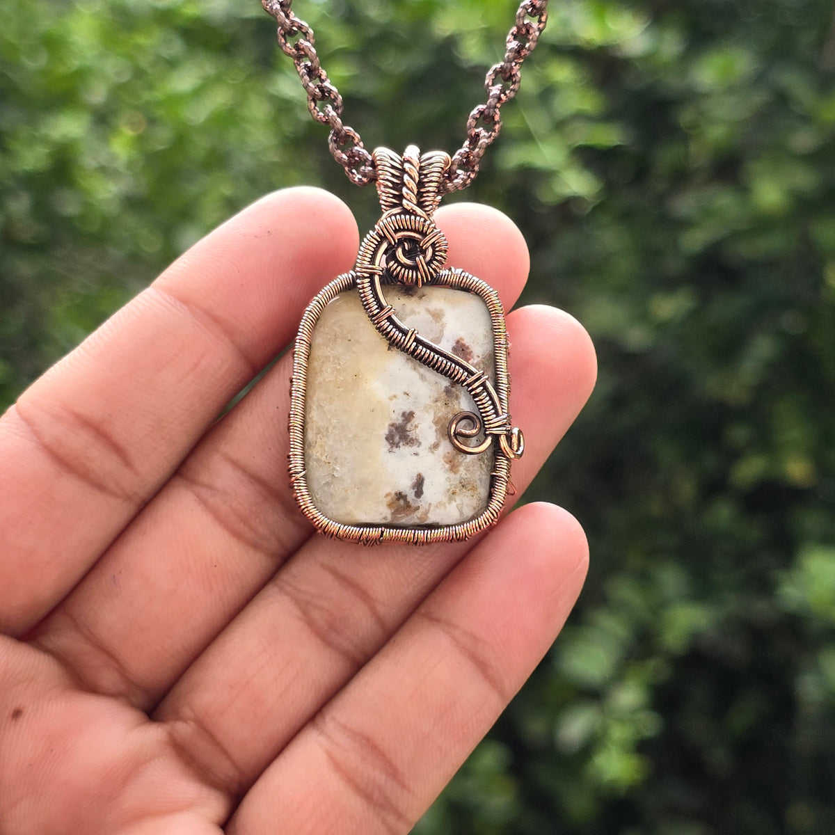 Thunder agate Gemstone Handmade Copper Wire Wrap Chain Pendant 1.96" Sunkarton
