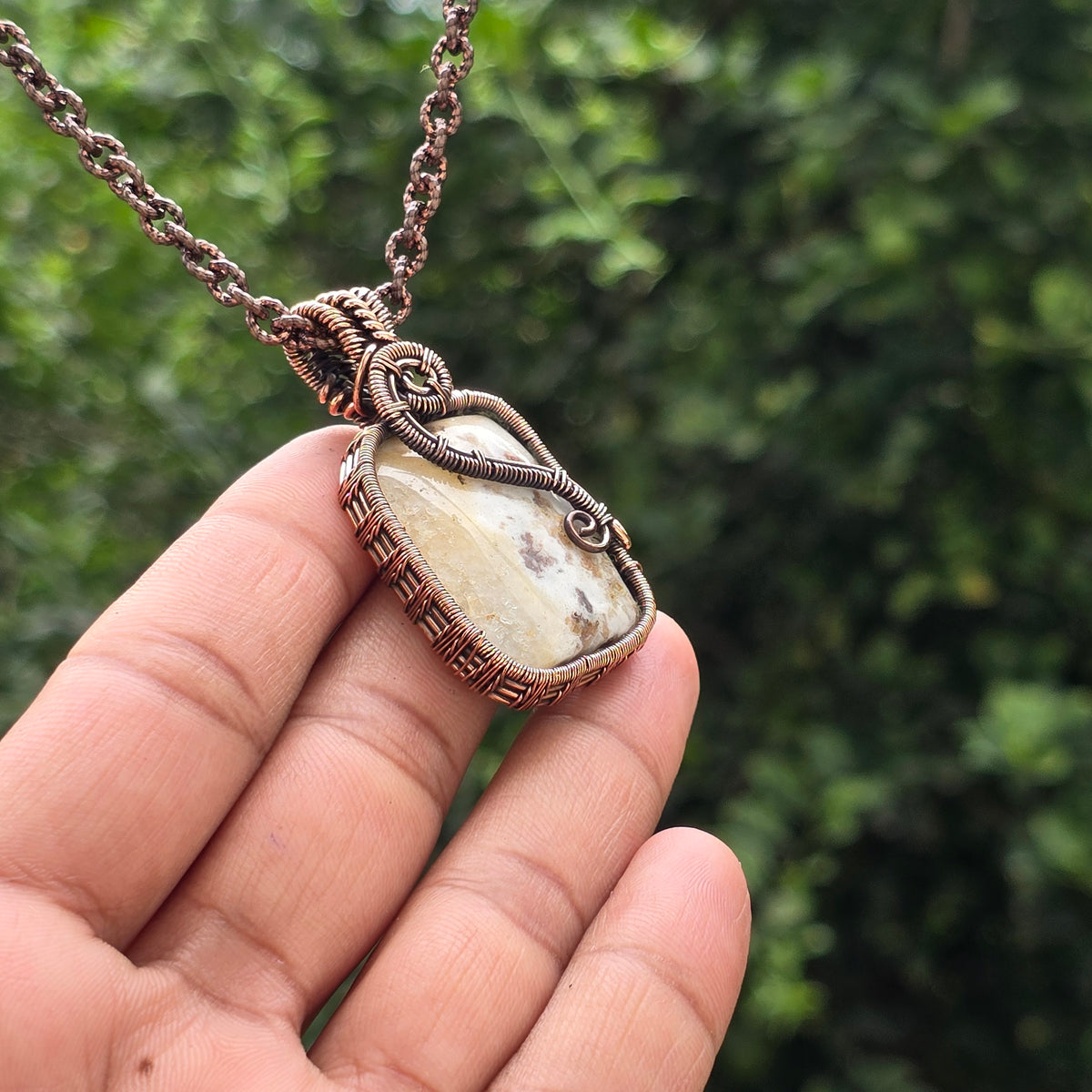 Thunder agate Gemstone Handmade Copper Wire Wrap Chain Pendant 1.96" Sunkarton