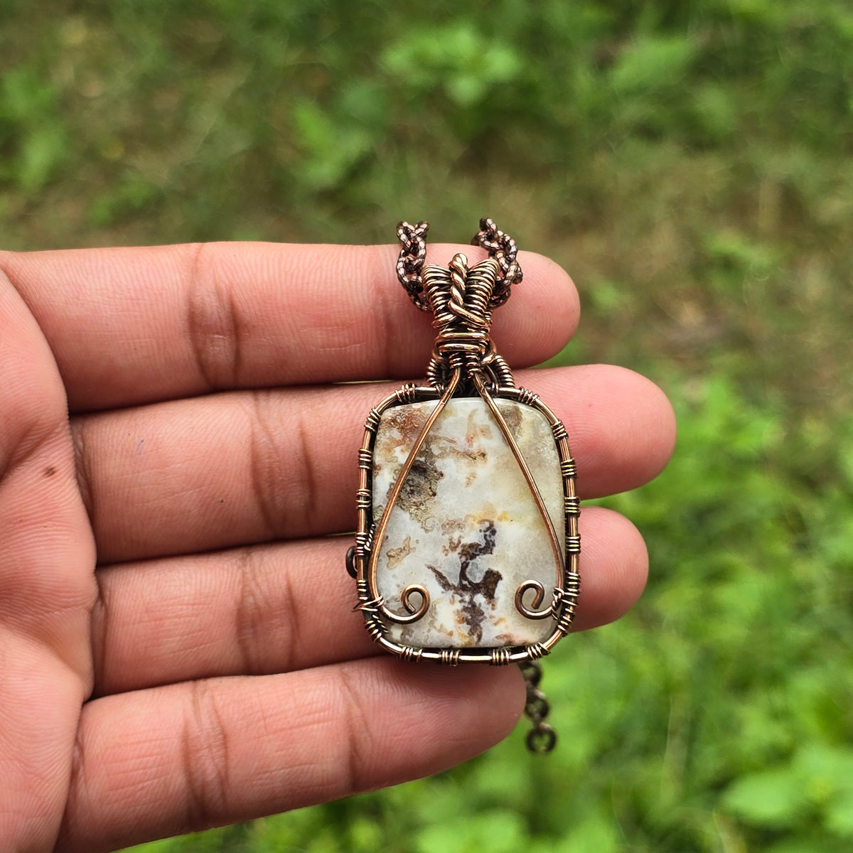 Thunder agate Gemstone Handmade Copper Wire Wrap Chain Pendant 1.96" Sunkarton