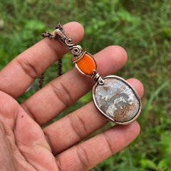 Crazy Lace Agate Gemstone Handmade Copper Wire Wrap Chain Pendant 2.95" Sunkarton