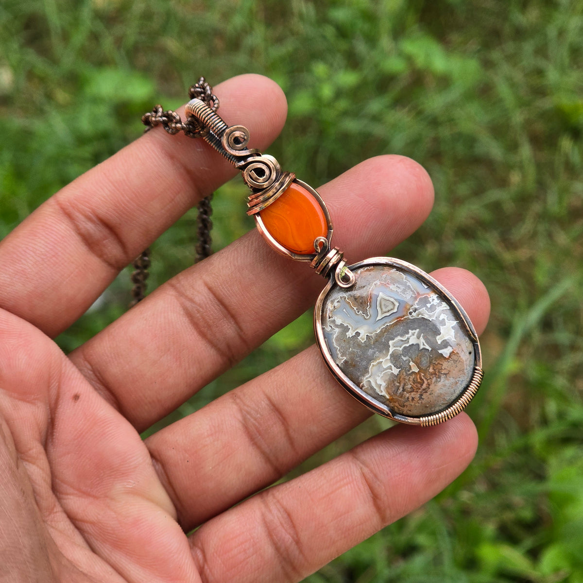 Crazy Lace Agate Gemstone Handmade Copper Wire Wrap Chain Pendant 2.95" Sunkarton