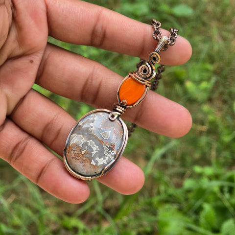 Crazy Lace Agate Gemstone Handmade Copper Wire Wrap Chain Pendant 2.95