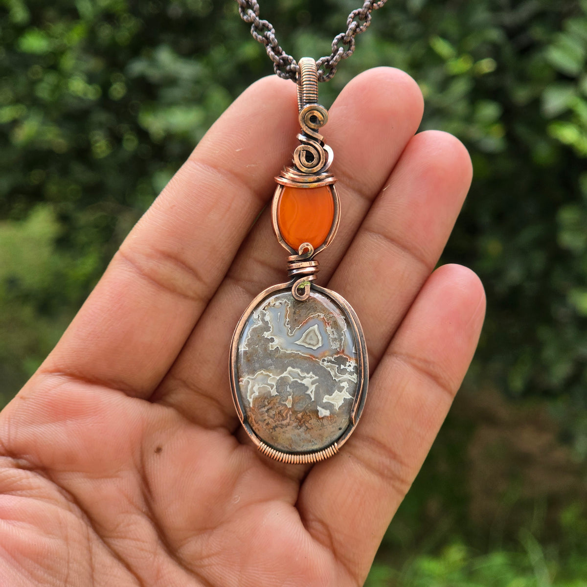 Crazy Lace Agate Gemstone Handmade Copper Wire Wrap Chain Pendant 2.95" Sunkarton