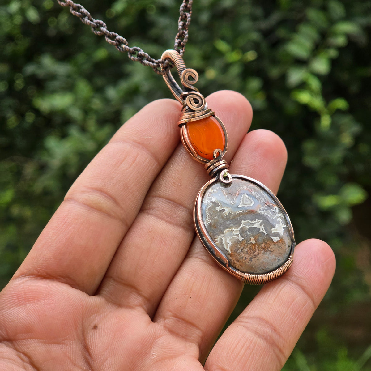Crazy Lace Agate Gemstone Handmade Copper Wire Wrap Chain Pendant 2.95" Sunkarton