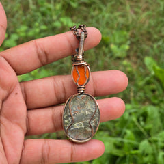 Crazy Lace Agate Gemstone Handmade Copper Wire Wrap Chain Pendant 2.95" Sunkarton