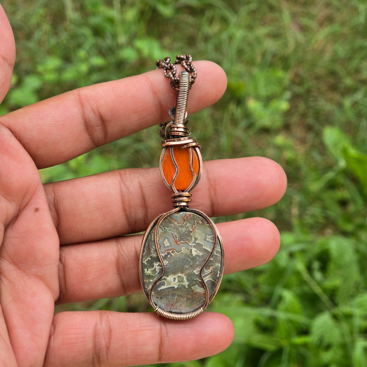 Crazy Lace Agate Gemstone Handmade Copper Wire Wrap Chain Pendant 2.95" Sunkarton