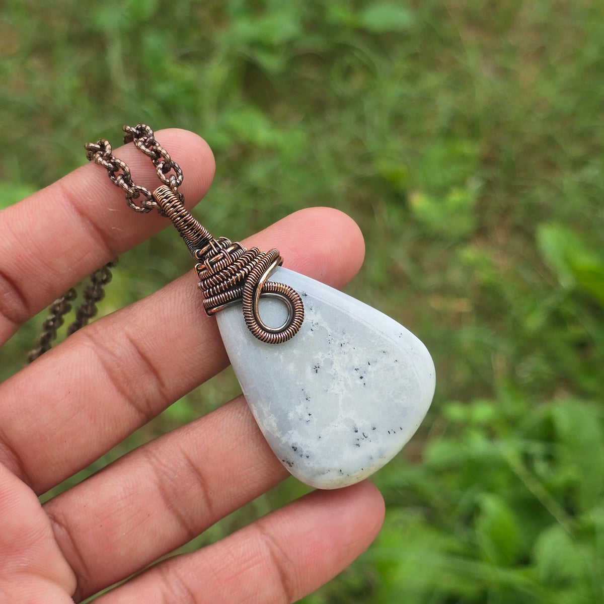 Dendrite Opal Gemstone Handmade Copper Wire Wrap Chain Pendant 2.55" Sunkarton