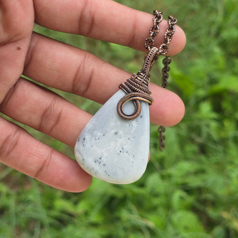 Dendrite Opal Gemstone Handmade Copper Wire Wrap Chain Pendant 2.55
