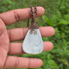 Dendrite Opal Gemstone Handmade Copper Wire Wrap Chain Pendant 2.55" Sunkarton