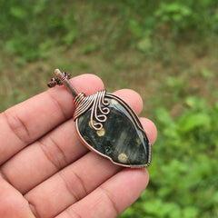 Ocean Jasper Gemstone Handmade Copper Wire Wrap Chain Pendant 2.55" Sunkarton