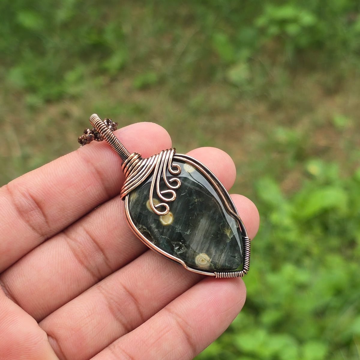 Ocean Jasper Gemstone Handmade Copper Wire Wrap Chain Pendant 2.55" Sunkarton