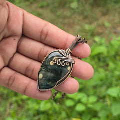 Ocean Jasper Gemstone Handmade Copper Wire Wrap Chain Pendant 2.55" Sunkarton