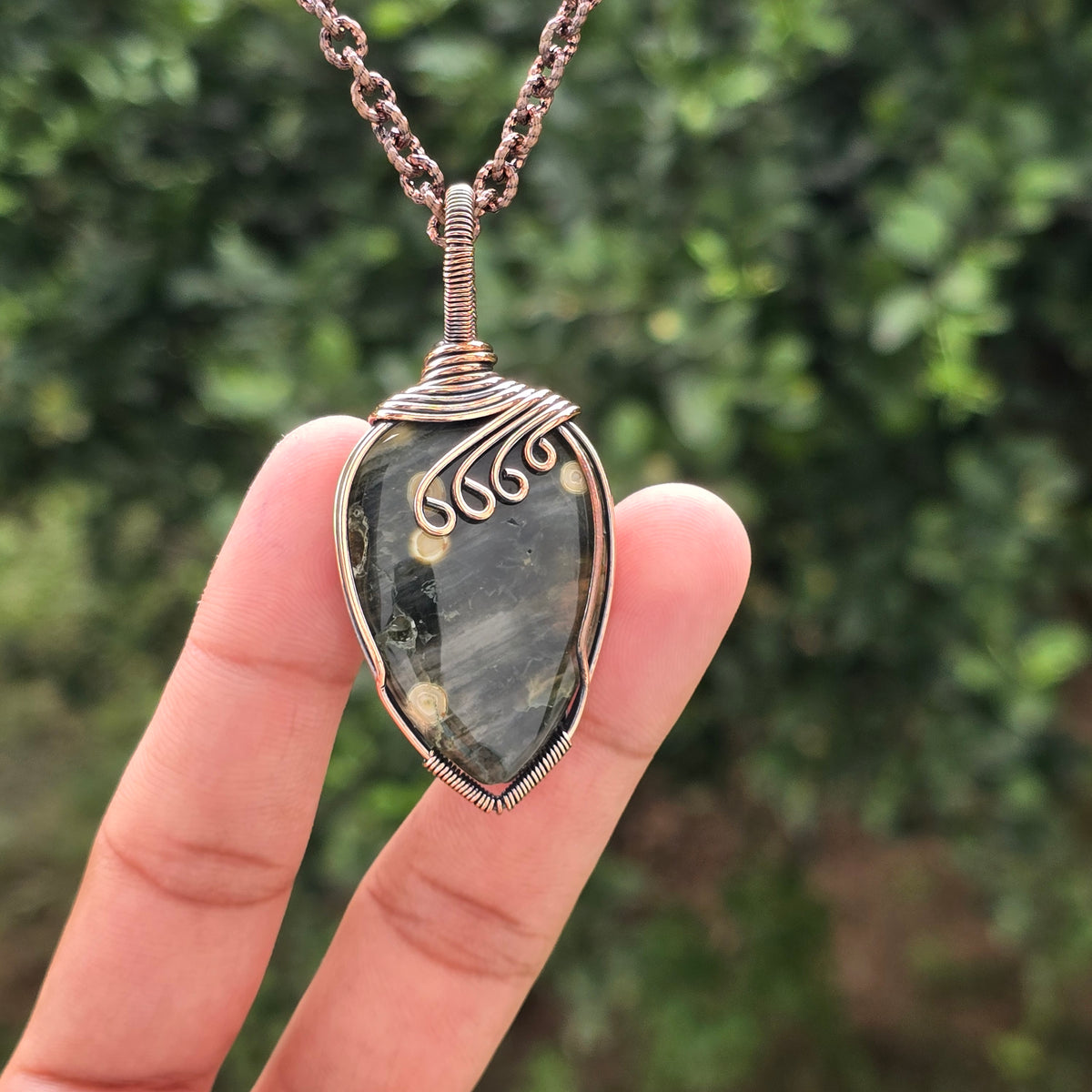 Ocean Jasper Gemstone Handmade Copper Wire Wrap Chain Pendant 2.55" Sunkarton
