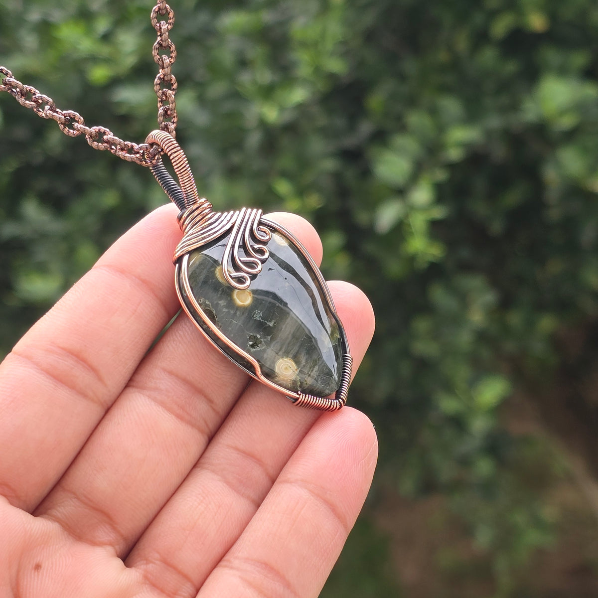 Ocean Jasper Gemstone Handmade Copper Wire Wrap Chain Pendant 2.55" Sunkarton