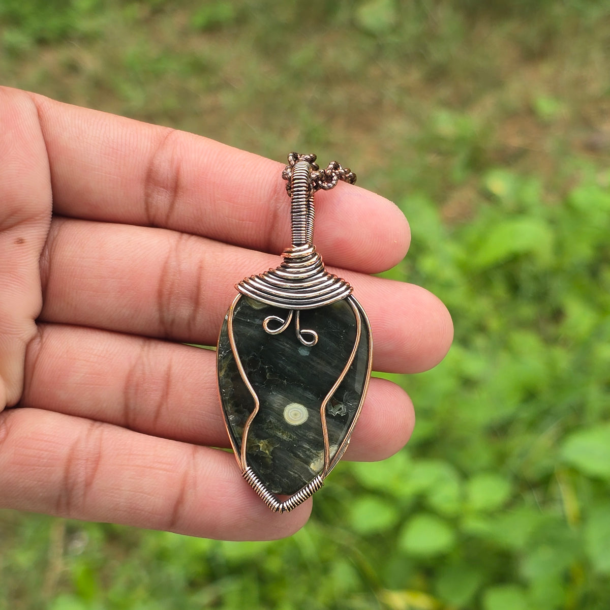 Ocean Jasper Gemstone Handmade Copper Wire Wrap Chain Pendant 2.55" Sunkarton