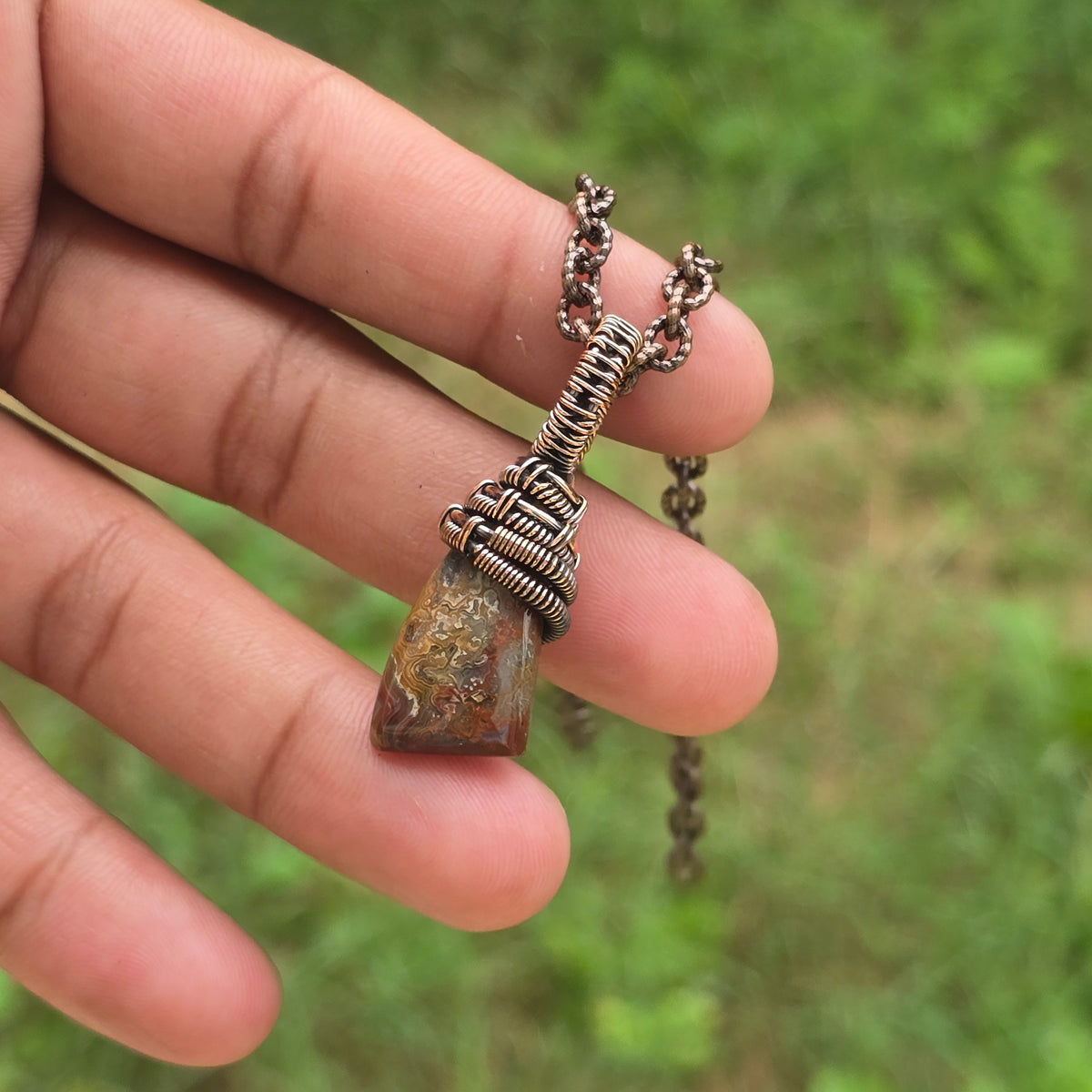 Crazy Lace Agate Gemstone Handmade Copper Wire Wrap Chain Pendant 1.57" Sunkarton