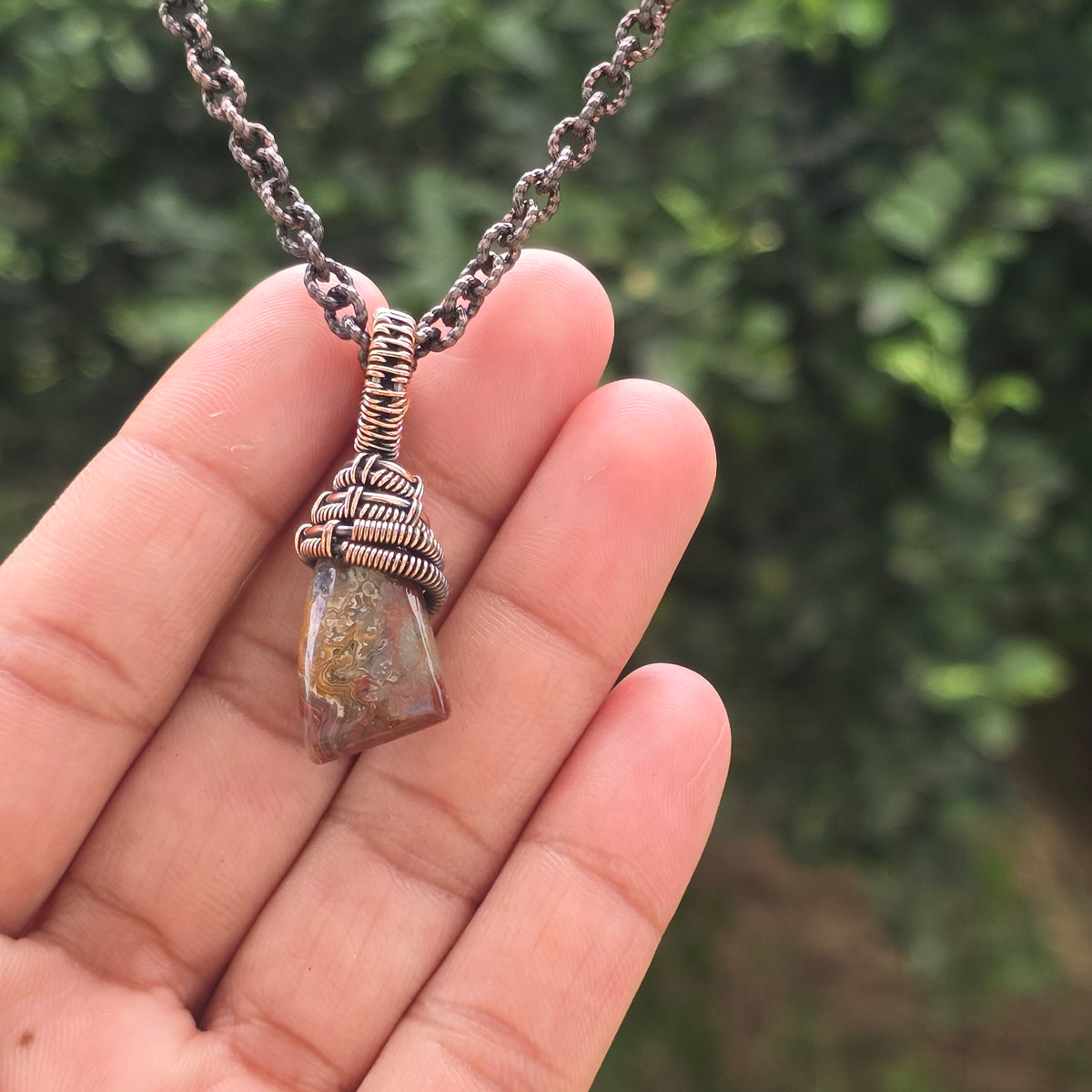 Crazy Lace Agate Gemstone Handmade Copper Wire Wrap Chain Pendant 1.57" Sunkarton