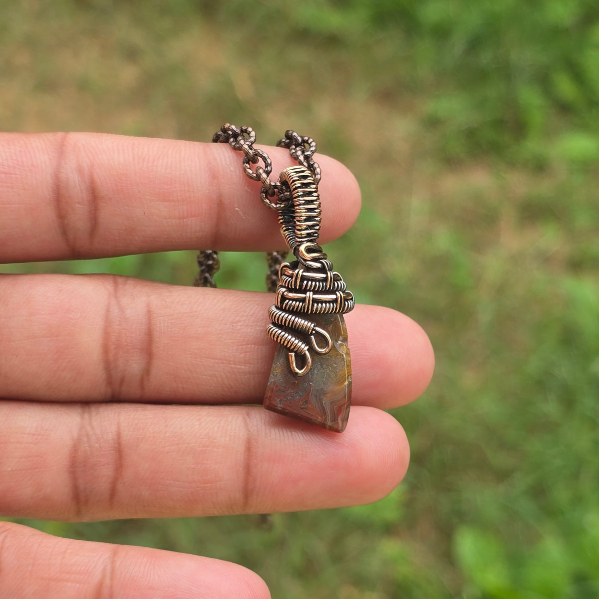 Crazy Lace Agate Gemstone Handmade Copper Wire Wrap Chain Pendant 1.57" Sunkarton