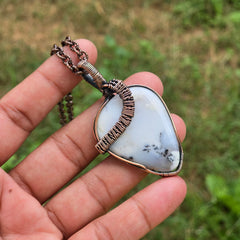 Dendrite Opal Gemstone Handmade Copper Wire Wrap Chain Pendant 2.36" Sunkarton