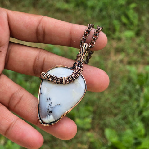 Dendrite Opal Gemstone Handmade Copper Wire Wrap Chain Pendant 2.36