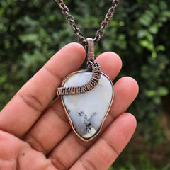 Dendrite Opal Gemstone Handmade Copper Wire Wrap Chain Pendant 2.36" Sunkarton
