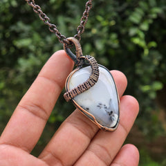 Dendrite Opal Gemstone Handmade Copper Wire Wrap Chain Pendant 2.36" Sunkarton