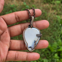 Dendrite Opal Gemstone Handmade Copper Wire Wrap Chain Pendant 2.36" Sunkarton