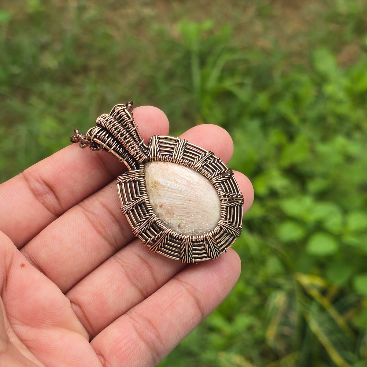 Scolecite  Gemstone Handmade Copper Wire Wrap Chain Pendant 2.16" Sunkarton