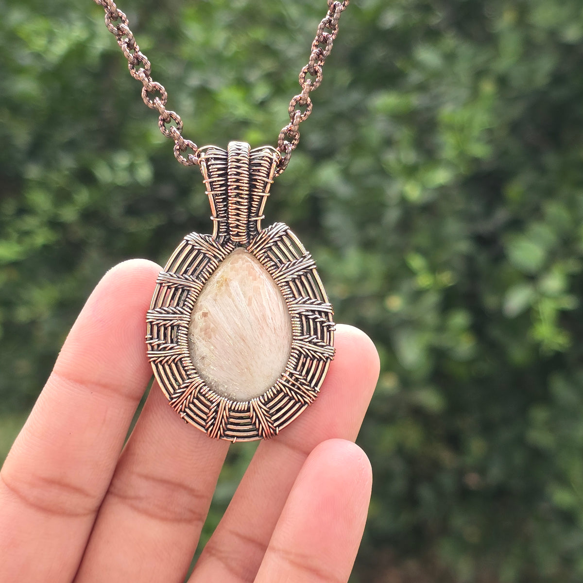 Scolecite  Gemstone Handmade Copper Wire Wrap Chain Pendant 2.16" Sunkarton
