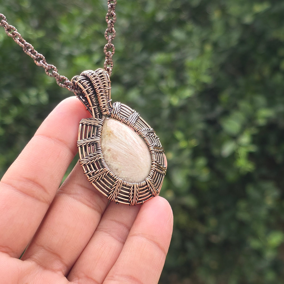 Scolecite  Gemstone Handmade Copper Wire Wrap Chain Pendant 2.16" Sunkarton