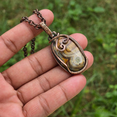 Crazy Lace Agate Gemstone Handmade Copper Wire Wrap Chain Pendant 2.16" Sunkarton