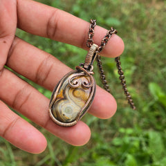 Crazy Lace Agate Gemstone Handmade Copper Wire Wrap Chain Pendant 2.16" Sunkarton