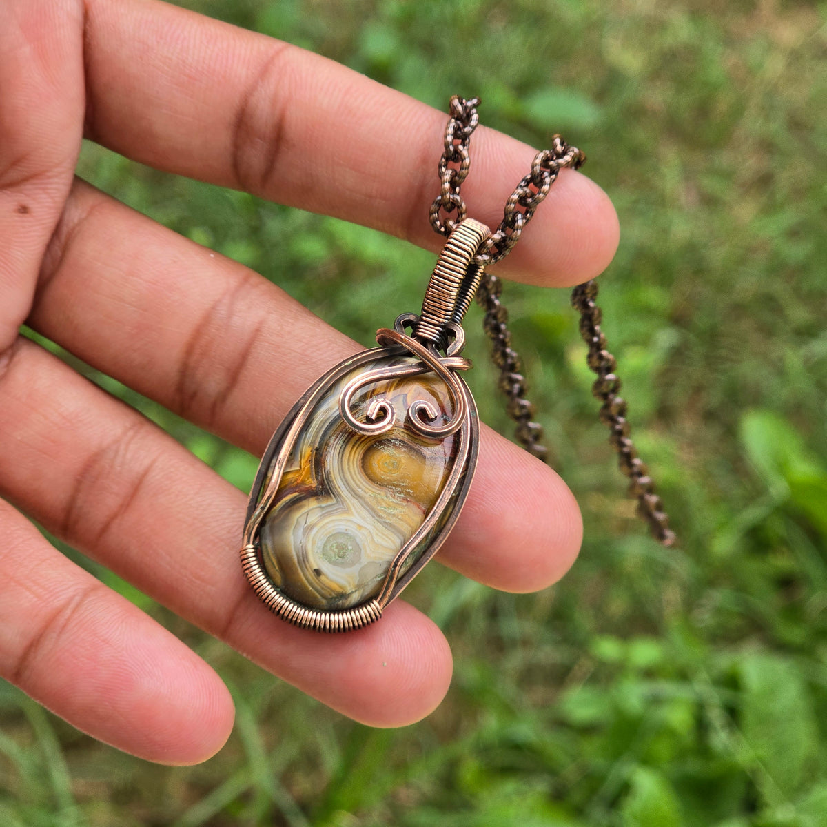 Crazy Lace Agate Gemstone Handmade Copper Wire Wrap Chain Pendant 2.16" Sunkarton