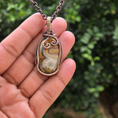 Crazy Lace Agate Gemstone Handmade Copper Wire Wrap Chain Pendant 2.16" Sunkarton