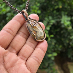 Crazy Lace Agate Gemstone Handmade Copper Wire Wrap Chain Pendant 2.16" Sunkarton
